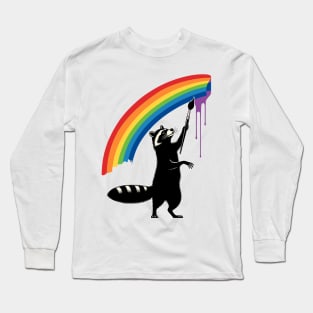 Cool Retro Raccoon Paints Rainbow Funny Raccoon Long Sleeve T-Shirt